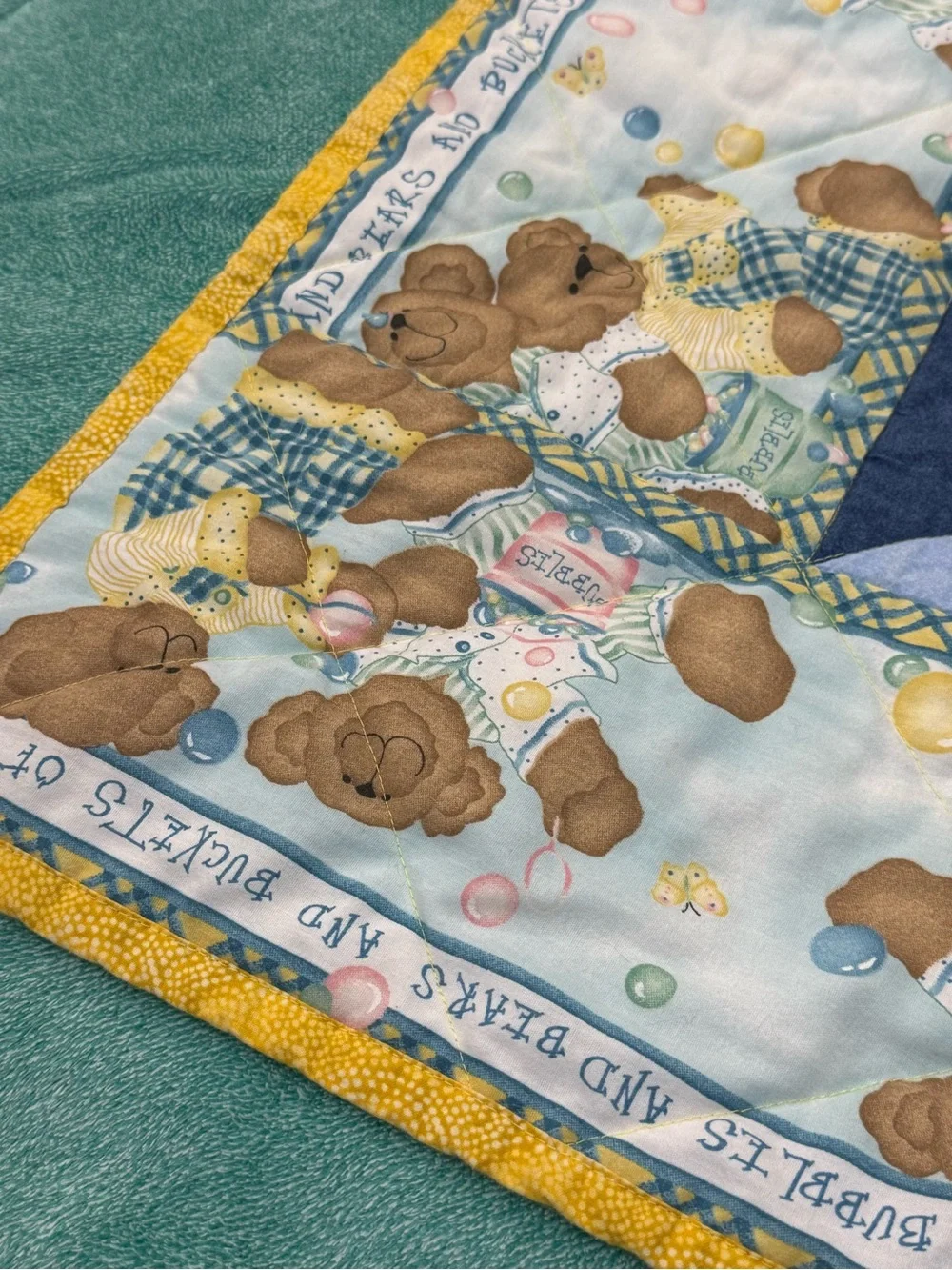 Blue & Yellow Teddy Bear 40” X 40” Quilted Baby Blanket